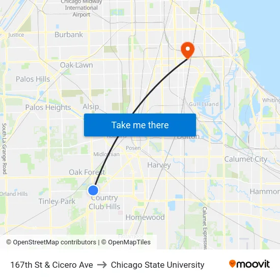 167th St & Cicero Ave to Chicago State University map