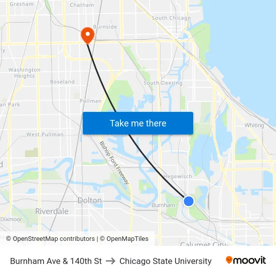 Burnham Ave & 140th St to Chicago State University map