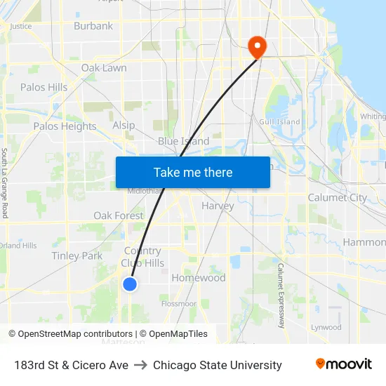 183rd St & Cicero Ave to Chicago State University map