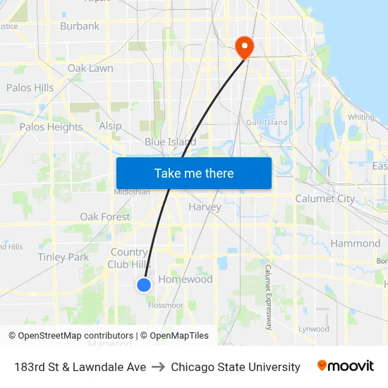 183rd St & Lawndale Ave to Chicago State University map