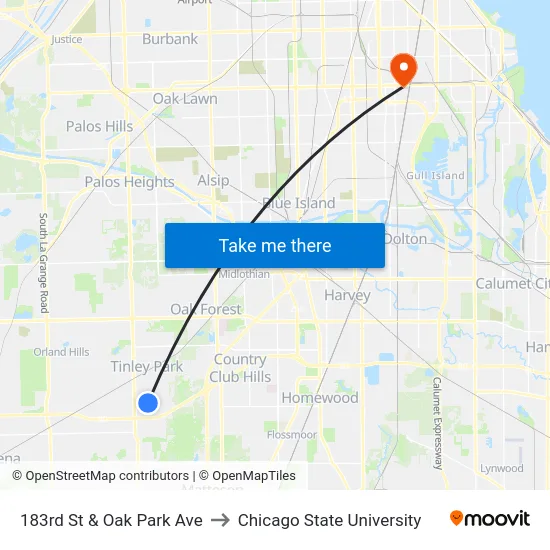 183rd St & Oak Park Ave to Chicago State University map