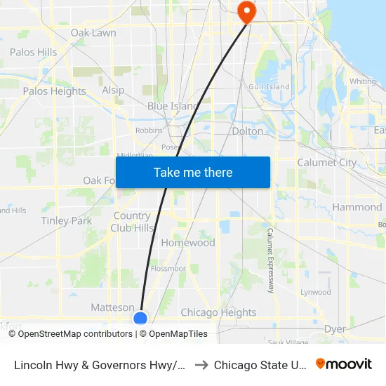 Lincoln Hwy & Governors Hwy/Crawford Ave to Chicago State University map