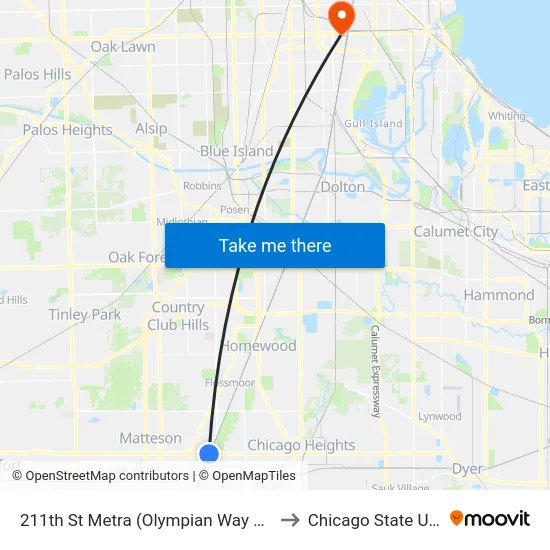 211th St Metra (Olympian Way & Lincoln Hwy) to Chicago State University map