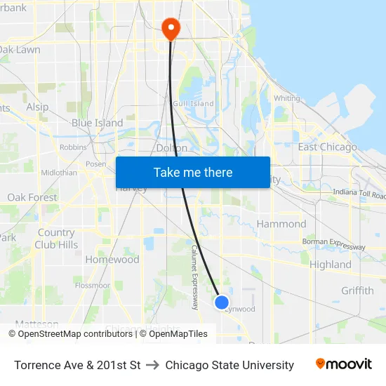 Torrence Ave & 201st St to Chicago State University map
