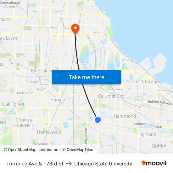 Torrence Ave & 173rd St to Chicago State University map
