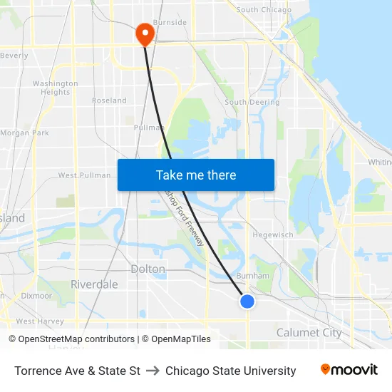 Torrence Ave & State St to Chicago State University map