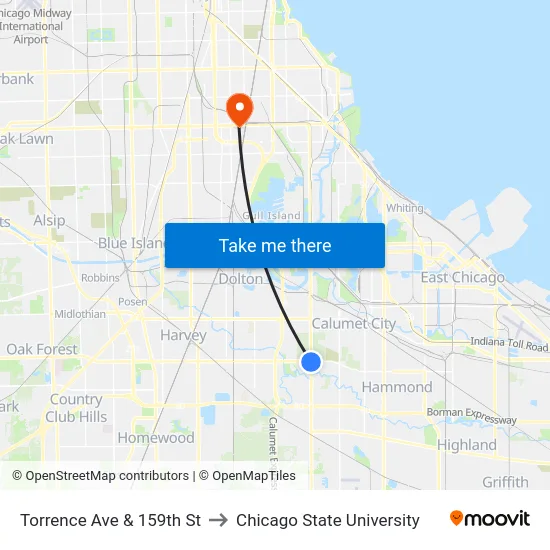 Torrence Ave & 159th St to Chicago State University map