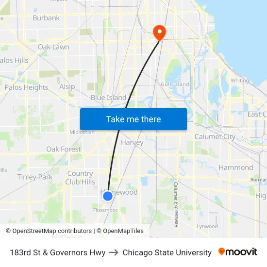 183rd St & Governors Hwy to Chicago State University map