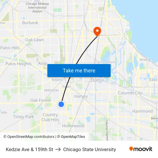 Kedzie Ave & 159th St to Chicago State University map