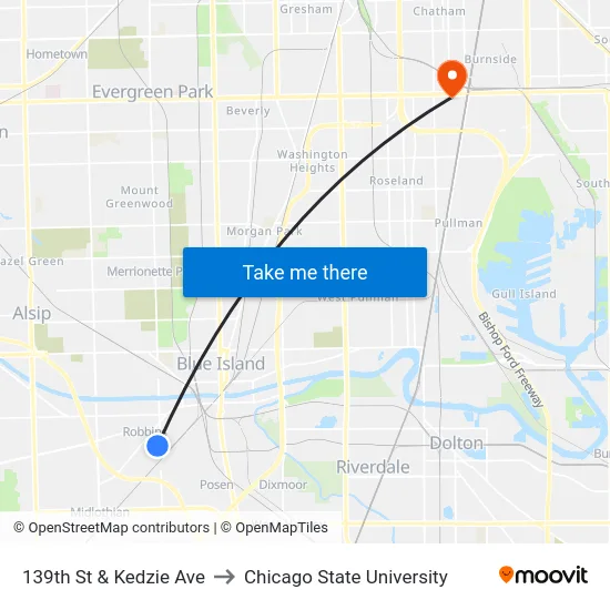139th St & Kedzie Ave to Chicago State University map
