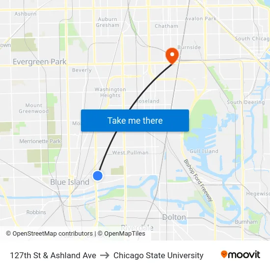 127th St & Ashland Ave to Chicago State University map