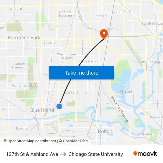 127th St & Ashland Ave to Chicago State University map