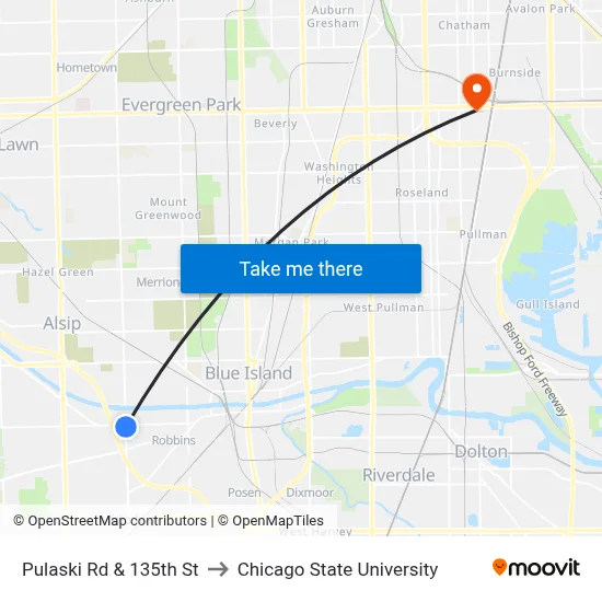 Pulaski Rd & 135th St to Chicago State University map