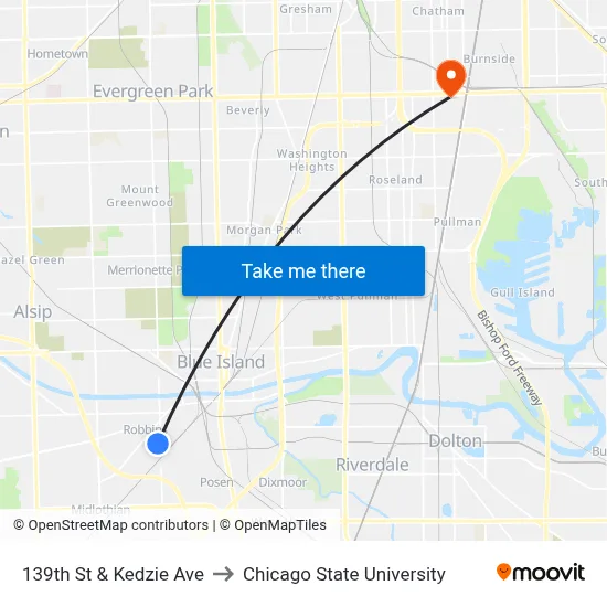 139th St & Kedzie Ave to Chicago State University map