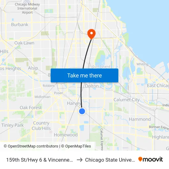 159th St/Hwy 6 & Vincennes Ave to Chicago State University map