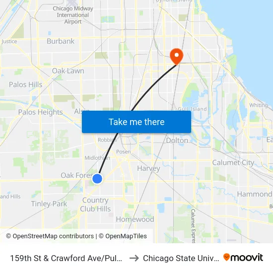 159th St & Crawford Ave/Pulaski Ave to Chicago State University map