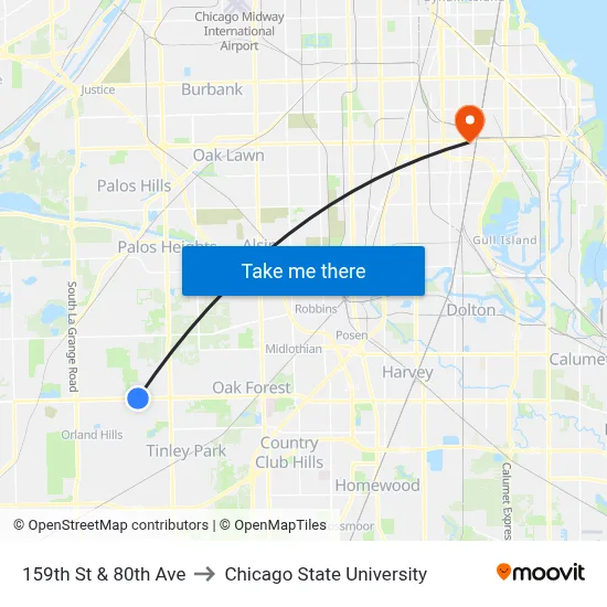 159th St & 80th Ave to Chicago State University map