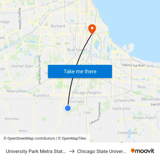University Park Metra Station to Chicago State University map