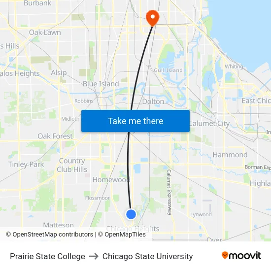 Prairie State College to Chicago State University map
