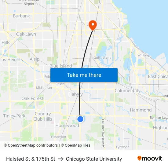 Halsted St & 175th St to Chicago State University map