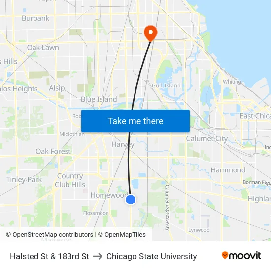 Halsted St & 183rd St to Chicago State University map