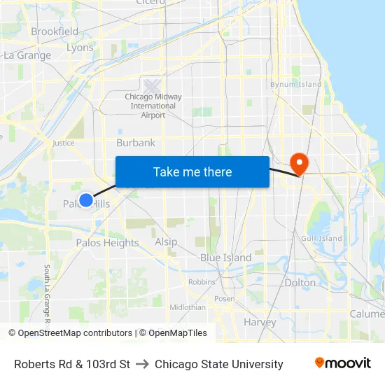 Roberts Rd & 103rd St to Chicago State University map