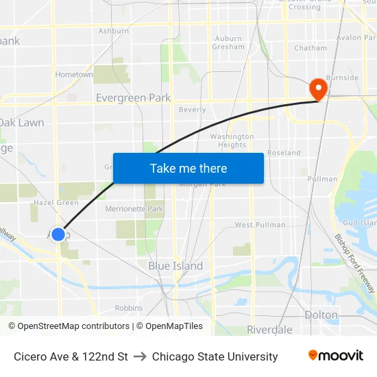 Cicero Ave & 122nd St to Chicago State University map