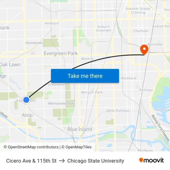 Cicero Ave & 115th St to Chicago State University map