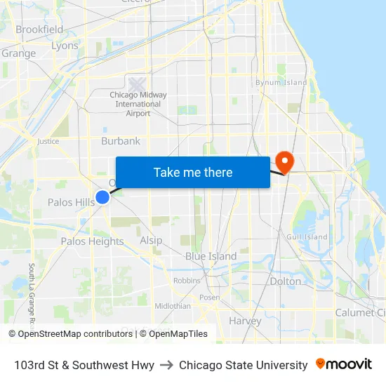 103rd St & Southwest Hwy to Chicago State University map