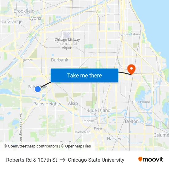 Roberts Rd & 107th St to Chicago State University map