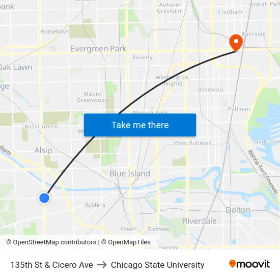135th St & Cicero Ave to Chicago State University map