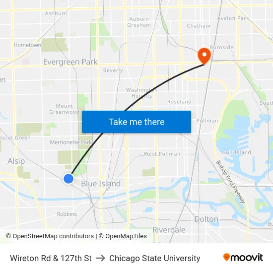 Wireton Rd & 127th St to Chicago State University map