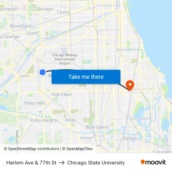 Harlem Ave & 77th St to Chicago State University map
