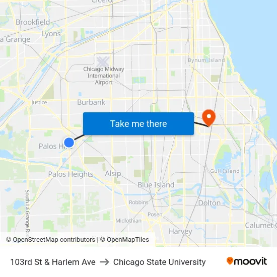 103rd St & Harlem Ave to Chicago State University map