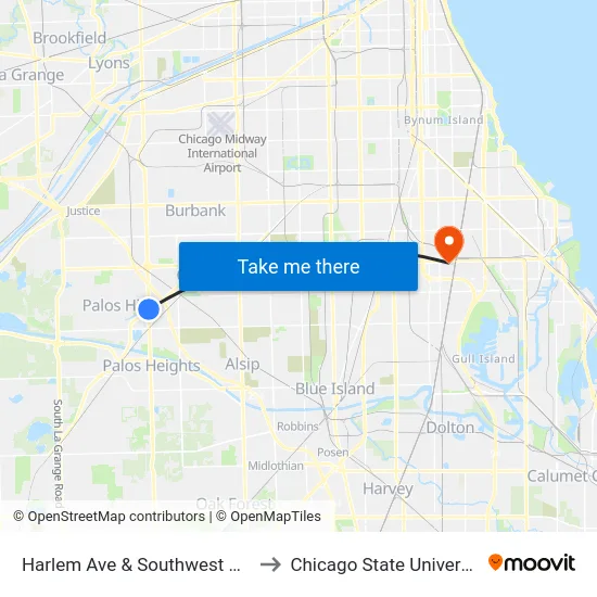 Harlem Ave & Southwest Hwy to Chicago State University map
