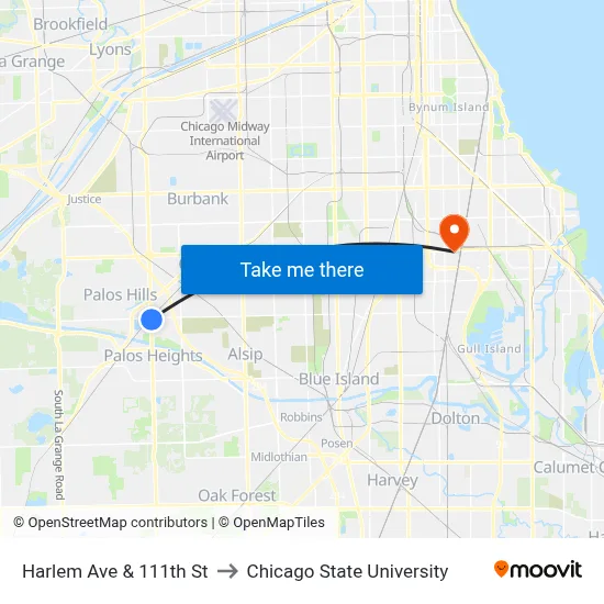 Harlem Ave & 111th St to Chicago State University map
