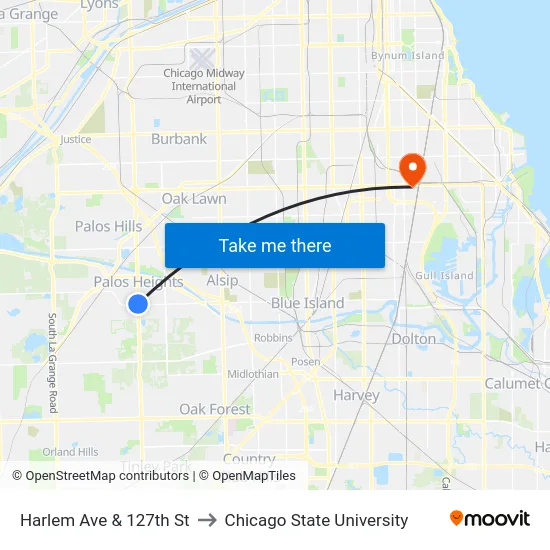 Harlem Ave & 127th St to Chicago State University map