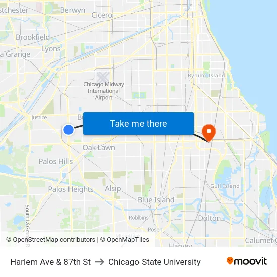 Harlem Ave & 87th St to Chicago State University map
