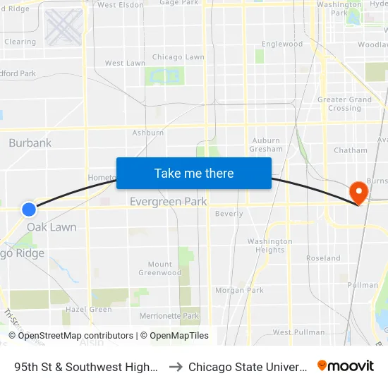 95th St & Southwest Highway to Chicago State University map