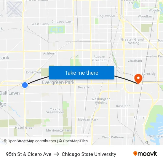 95th St & Cicero Ave to Chicago State University map