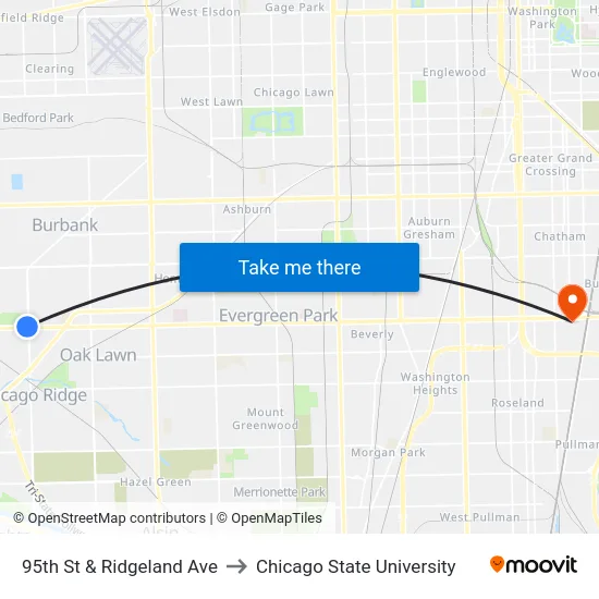 95th St & Ridgeland Ave to Chicago State University map