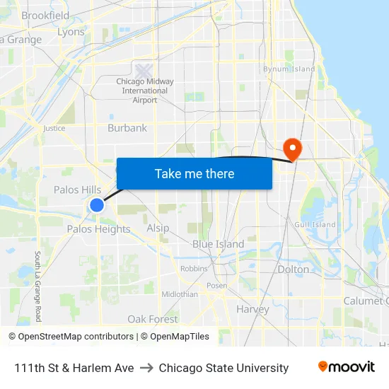 111th St & Harlem Ave to Chicago State University map
