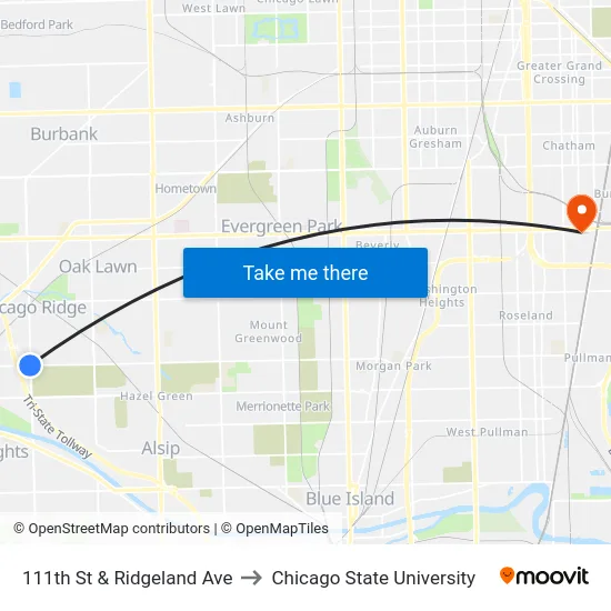 111th St & Ridgeland Ave to Chicago State University map