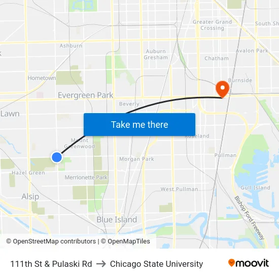 111th St & Pulaski Rd to Chicago State University map
