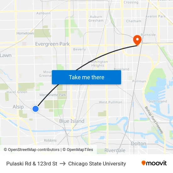 Pulaski Rd & 123rd St to Chicago State University map