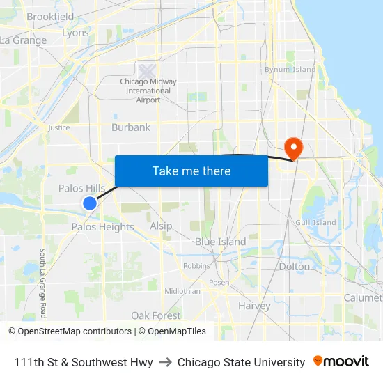 111th St & Southwest Hwy to Chicago State University map
