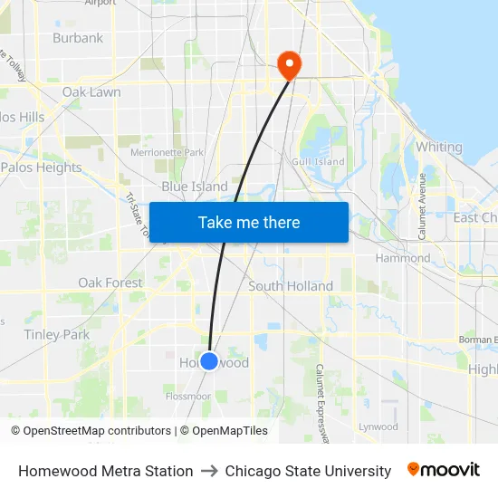 Homewood Metra Station to Chicago State University map