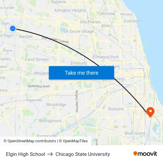 Elgin High School to Chicago State University map