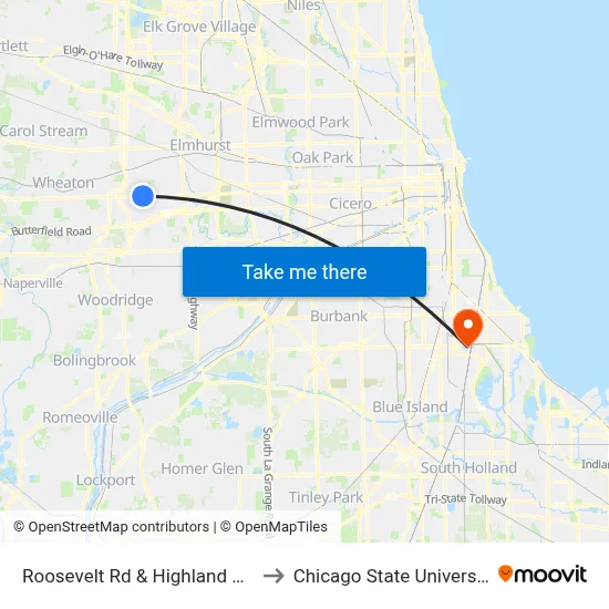 Roosevelt Rd & Highland Ave to Chicago State University map