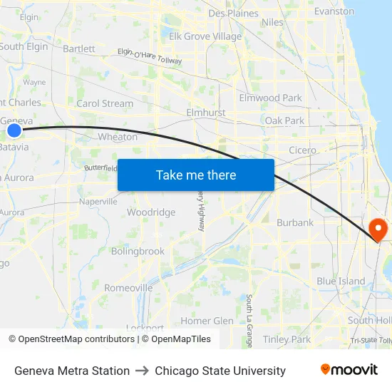Geneva Metra Station to Chicago State University map
